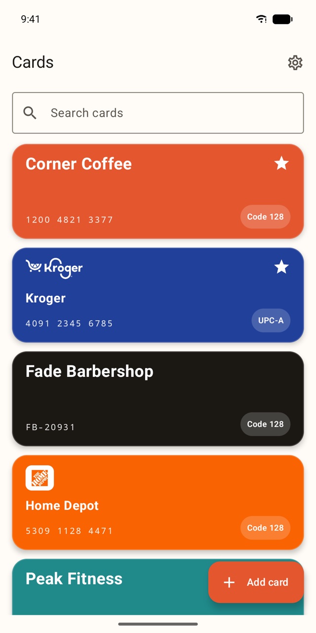 The Punchpons wallet on Android, with Corner Coffee, Kroger, Fade Barbershop and Home Depot cards.