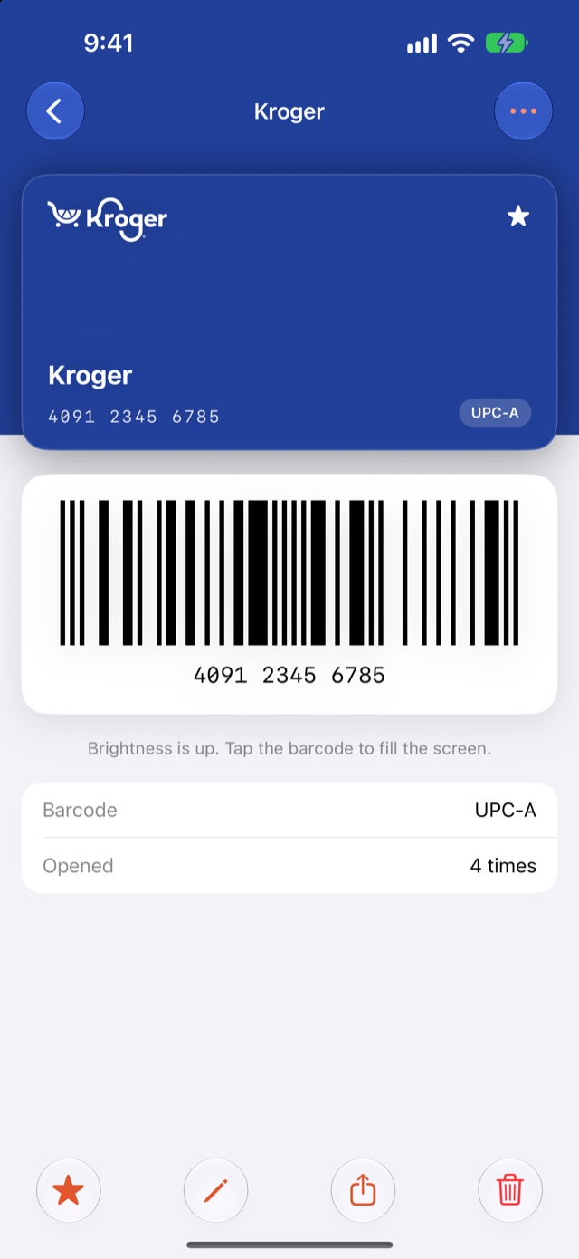 A Kroger card open in Punchpons on iPhone, with its UPC-A barcode drawn large under the card.