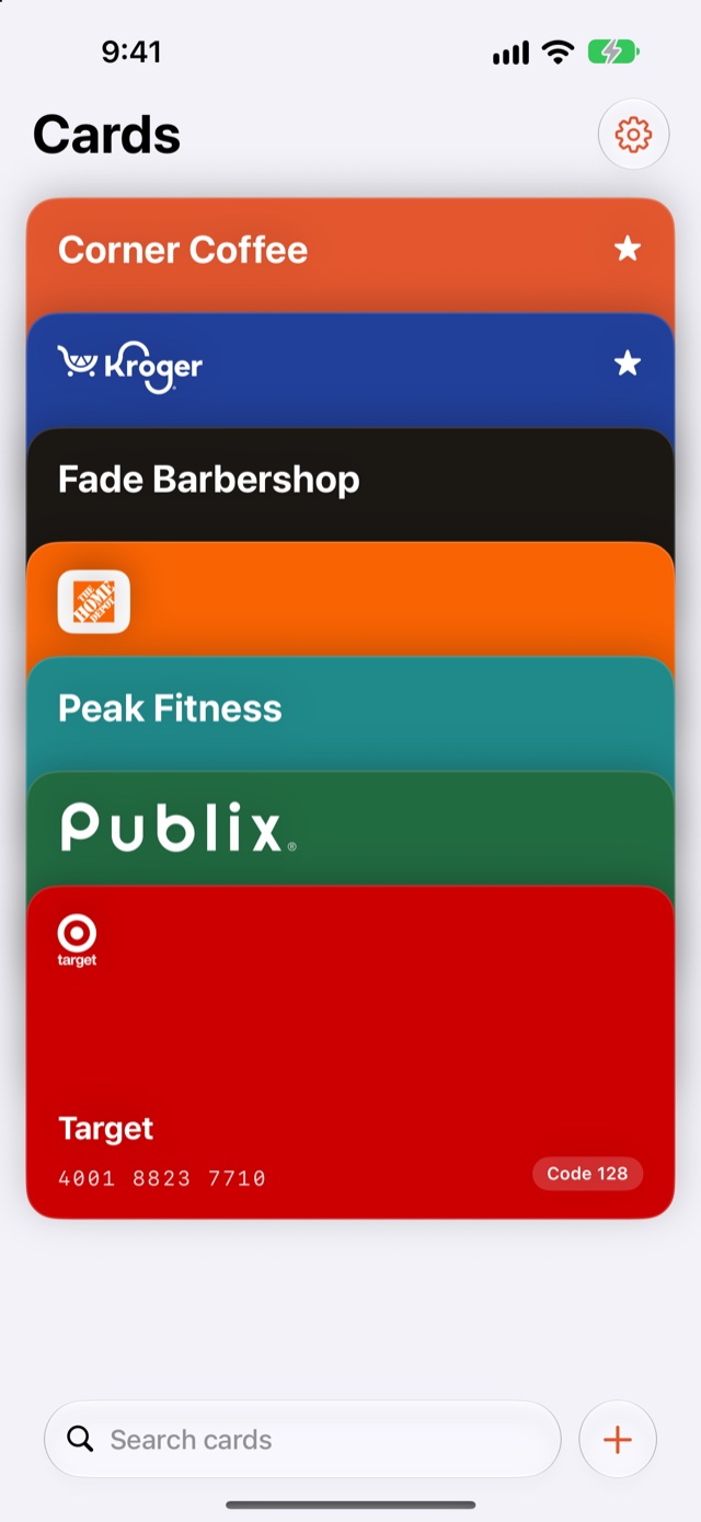 The Punchpons wallet on iPhone: cards for Corner Coffee, Kroger, Fade Barbershop, Home Depot, Peak Fitness, Publix and Target stacked, favorites on top.